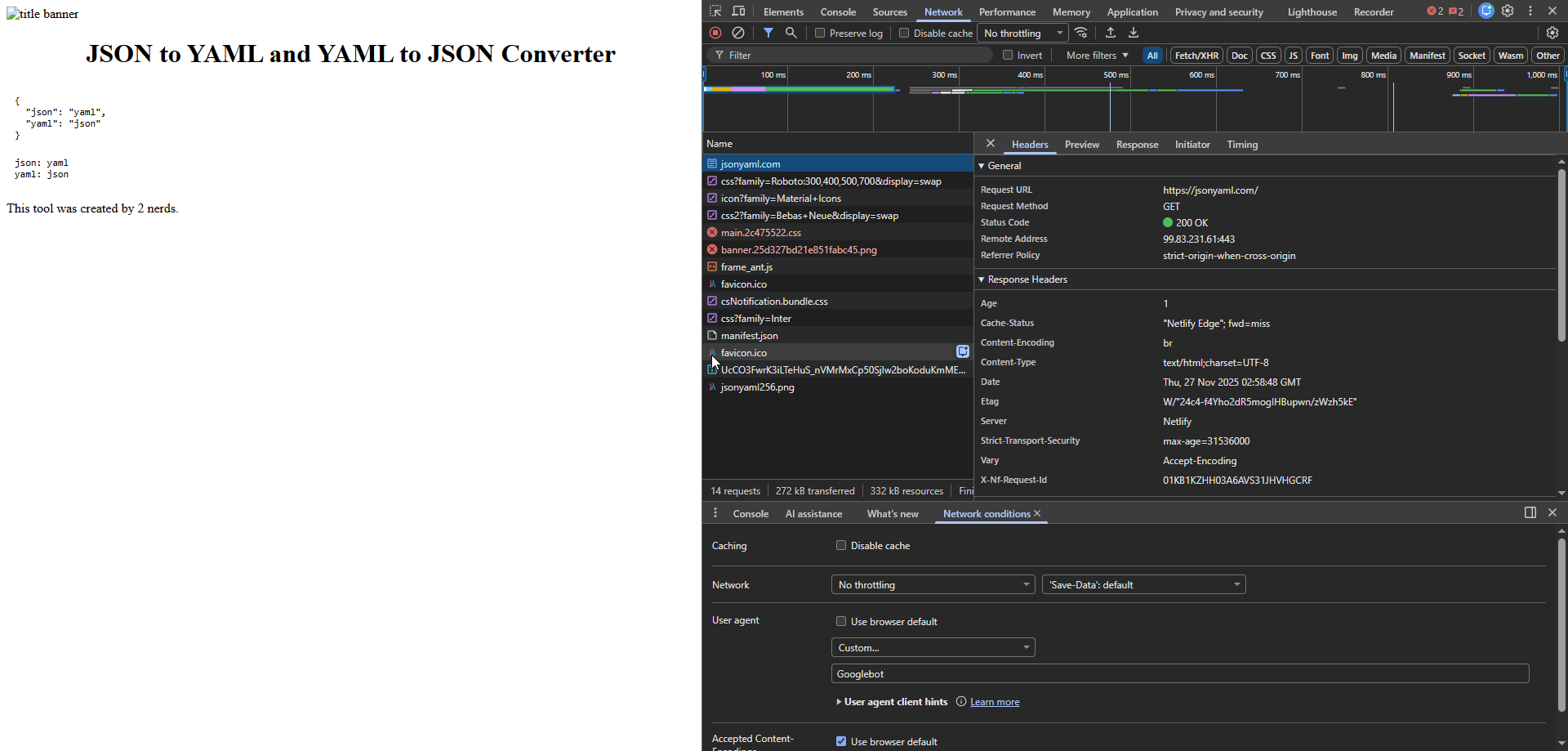 Chrome DevTools showing Googlebot user agent and cache-status header